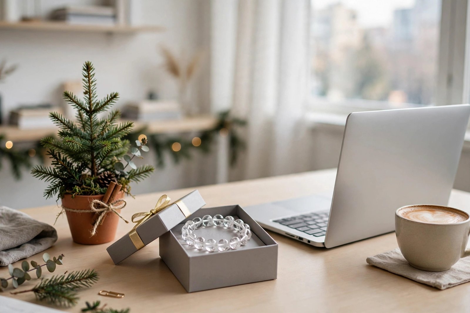 Clear quartz bracelet gift box on an office desk as a coworker Christmas gift