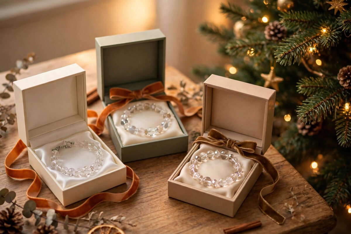 Elegant crystal bracelets arranged as Christmas gifts for mom