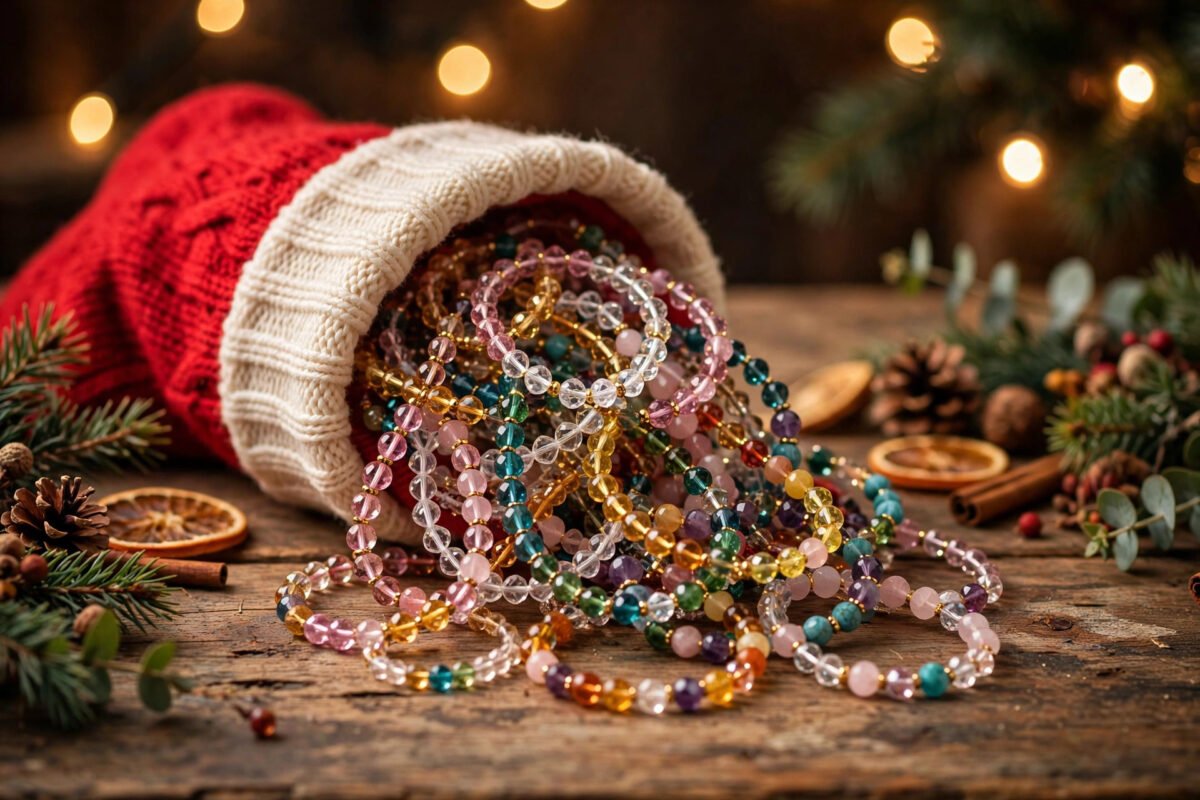 Colorful crystal bracelets spilling from a Christmas stocking