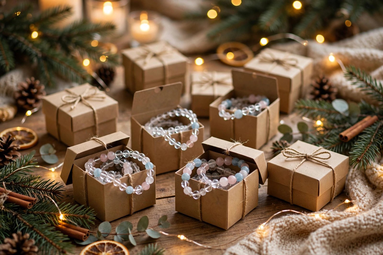 Handmade DIY crystal advent calendar with small gift boxes and crystal bracelets