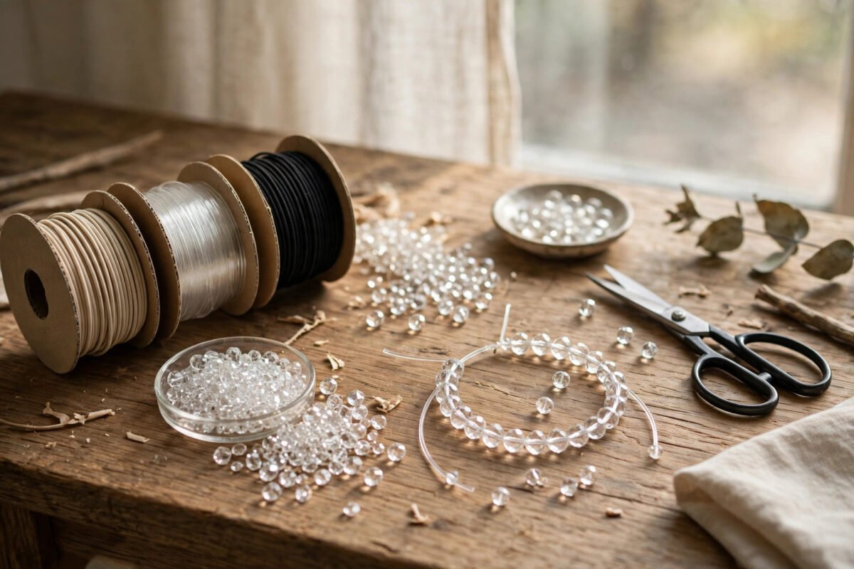Spools of elastic cord in different thicknesses beside crystal beads, scissors and a bracelet being restrung