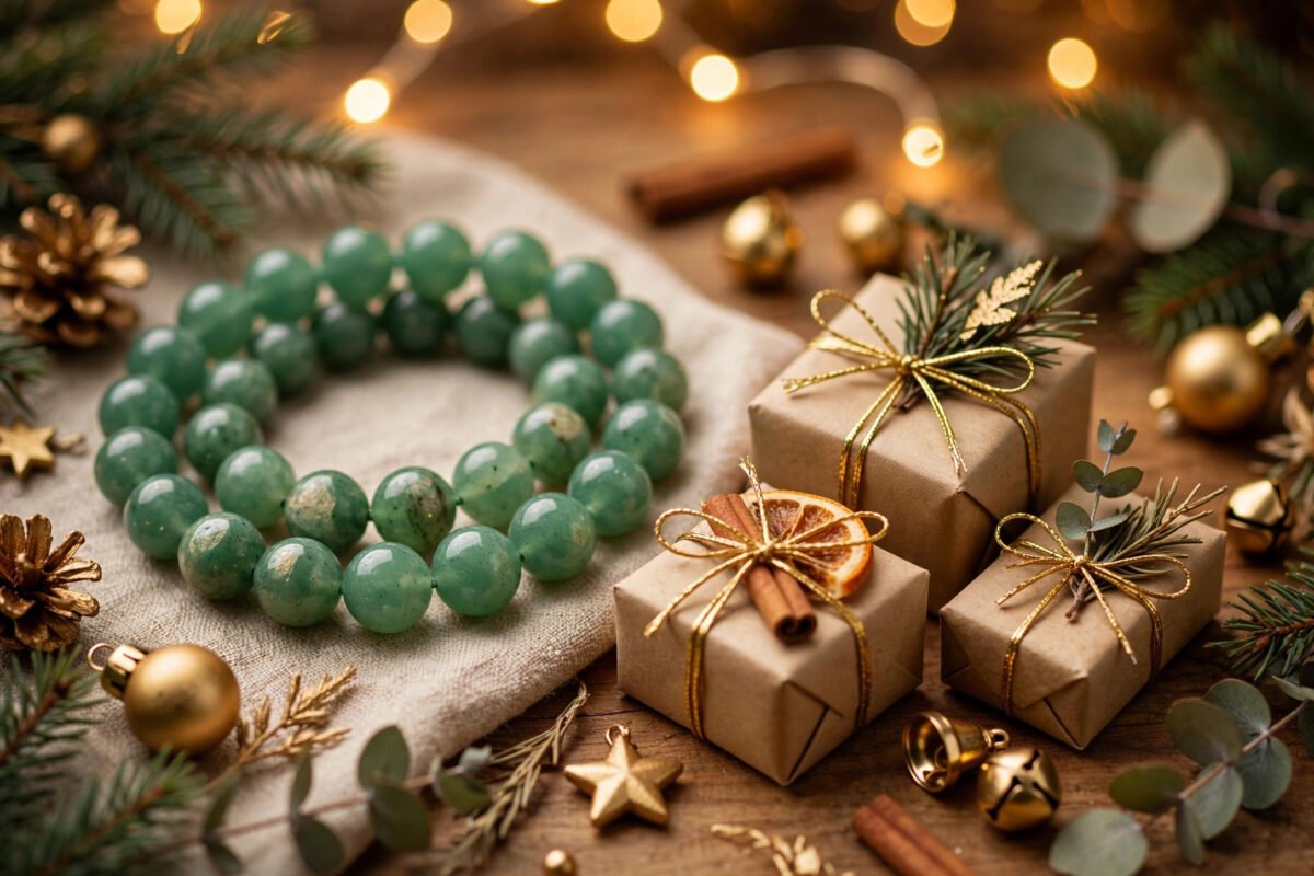 Green aventurine bracelet with lucky accents beside Christmas gifts