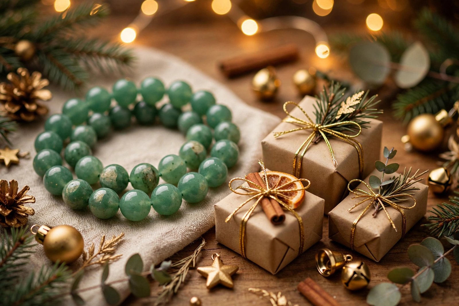 Green aventurine bracelet with lucky accents beside Christmas gifts