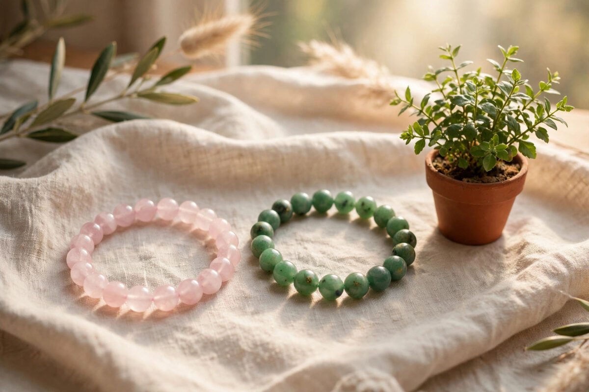 Rose quartz and green aventurine bracelets resting on soft linen beside a small green plant in warm morning light