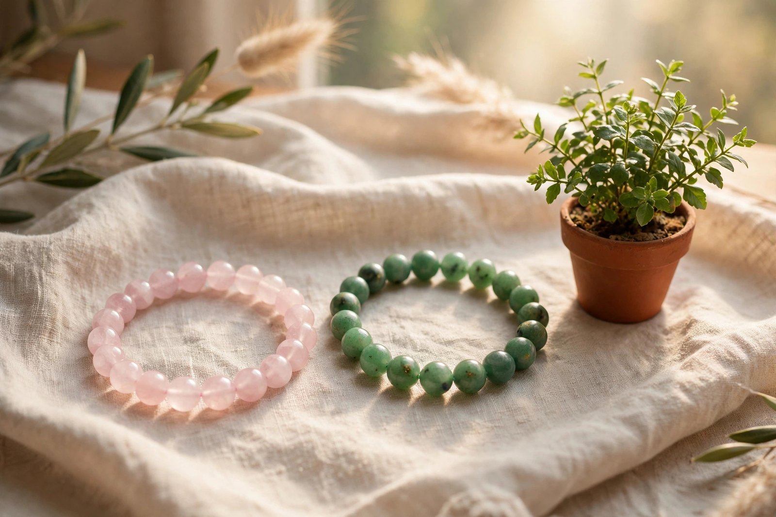 Rose quartz and green aventurine bracelets resting on soft linen beside a small green plant in warm morning light