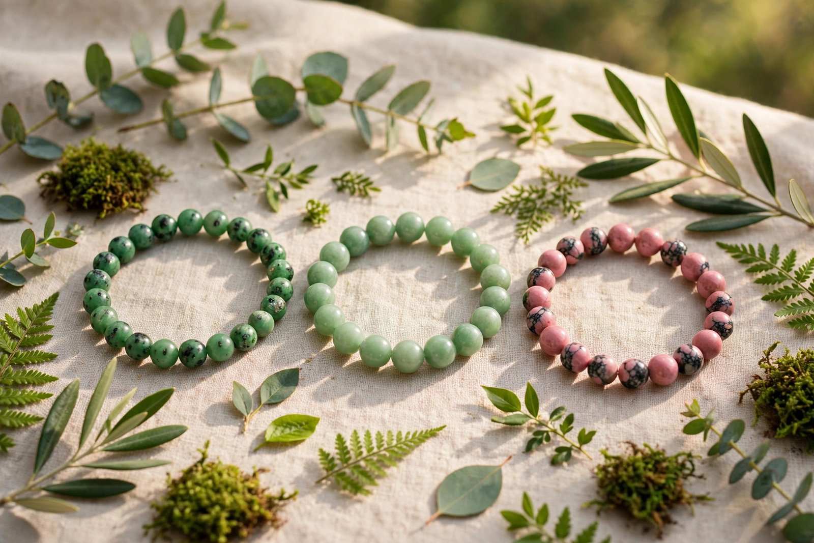 Green and pink heart chakra crystal bracelets including aventurine, jade and rhodonite arranged with fresh leaves in soft light