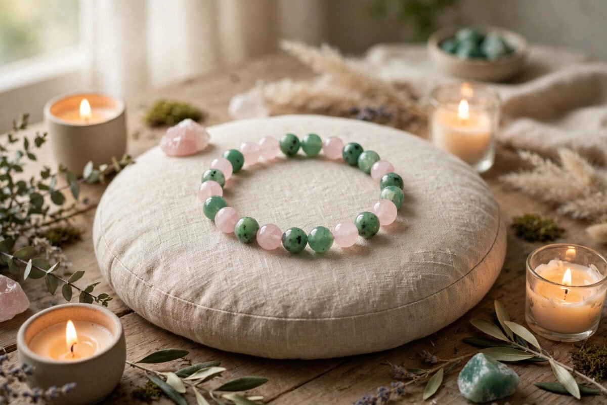Rose quartz and green aventurine crystal bracelets arranged in a circle on a meditation cushion with soft candlelight