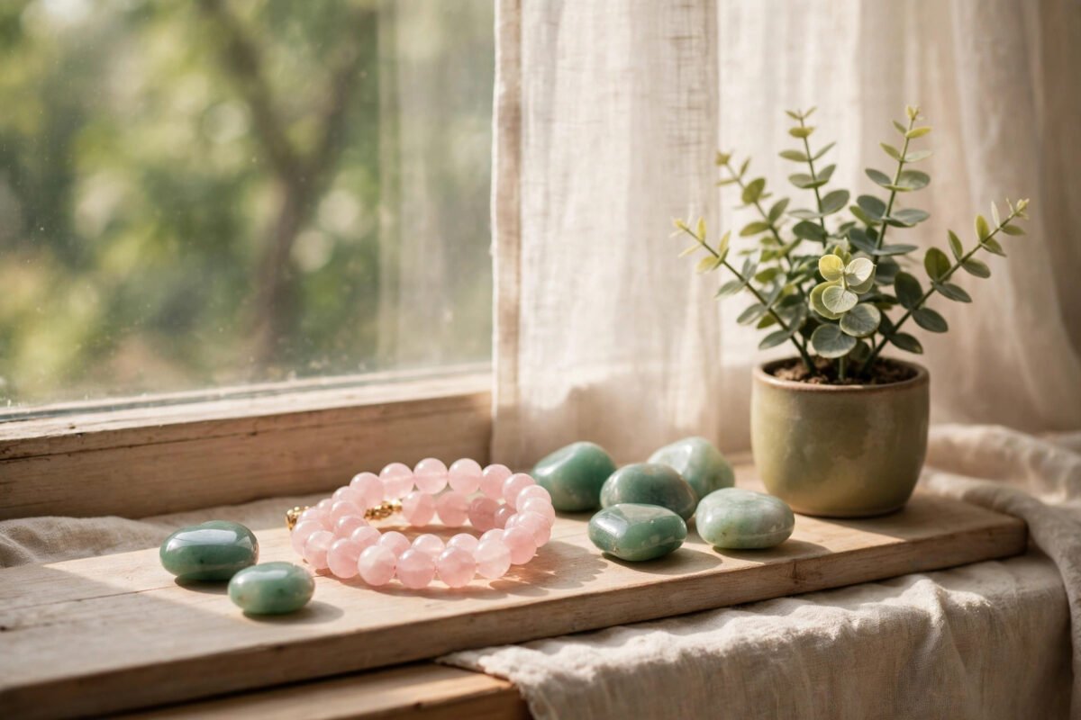 Soft pink rose quartz bracelet and smooth stones on a quiet windowsill with gentle natural light