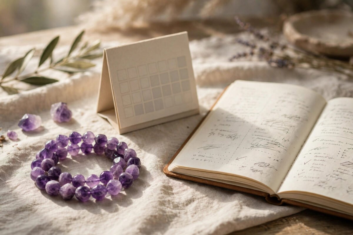 Single amethyst bracelet beside a small calendar and journal showing a month of practice notes