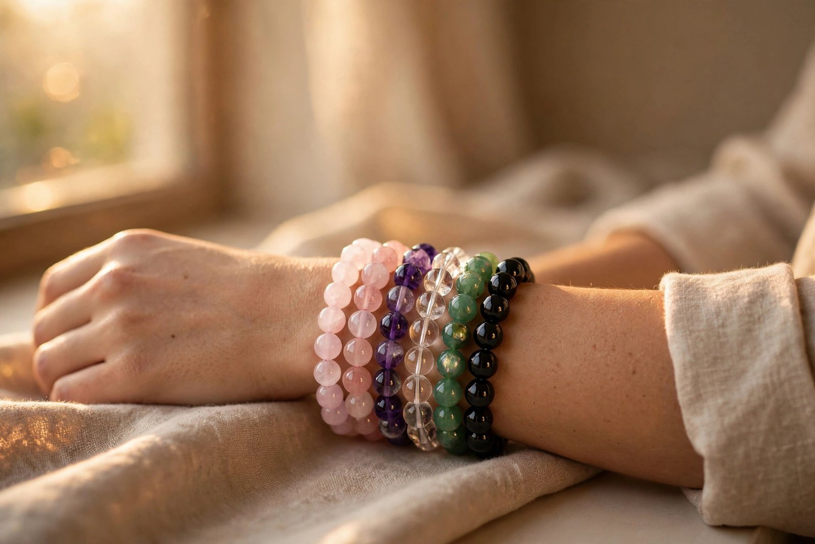 Woman's wrist wearing a stack of colorful crystal bracelets