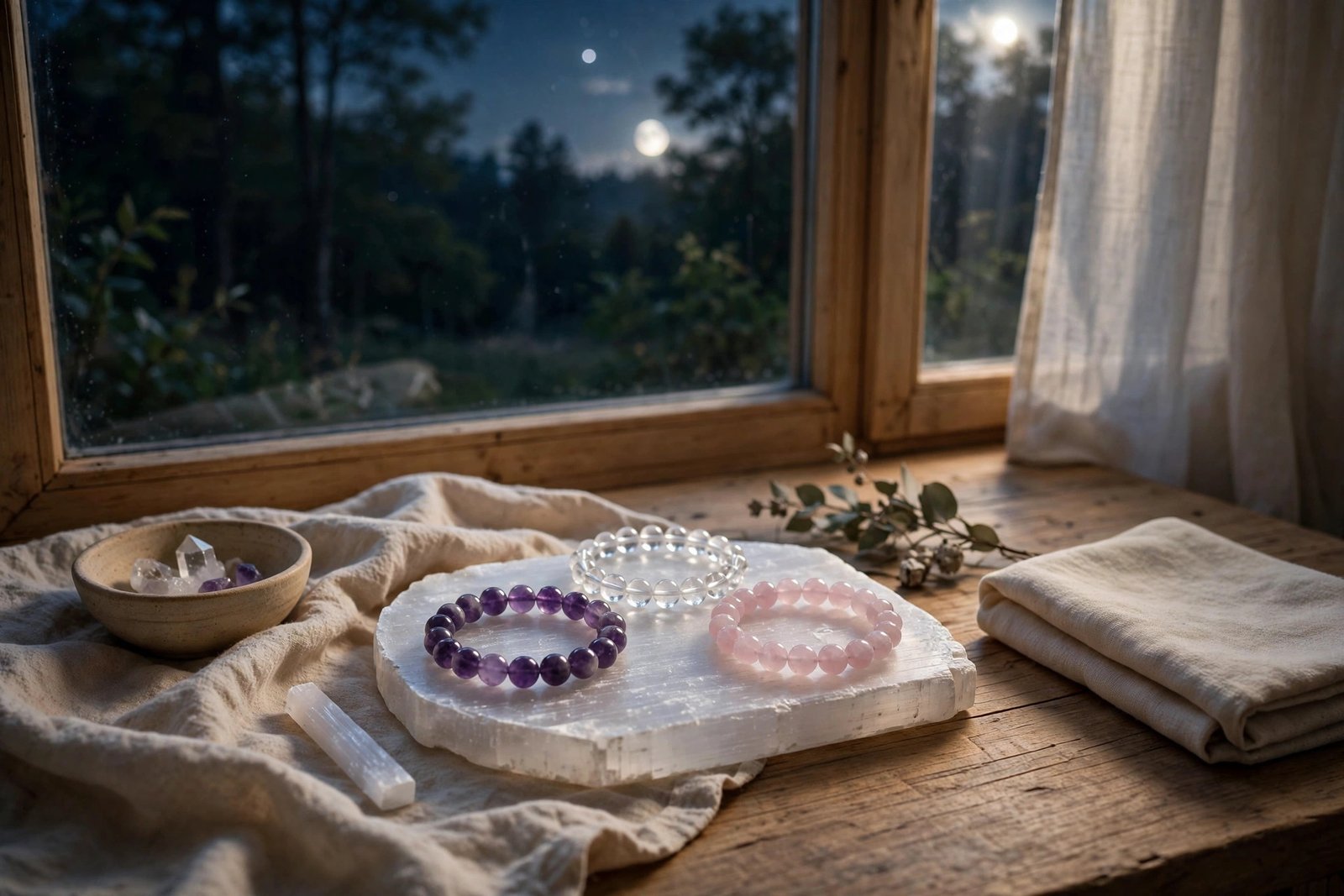 Crystal bracelets arranged for cleansing beside moonlight by a window with a selenite plate and soft cloth