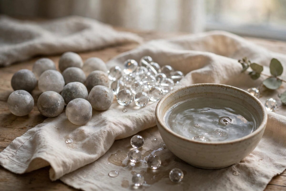 Dull crystal beads being gently cleaned with a soft cloth and lukewarm water beside polished sparkling beads