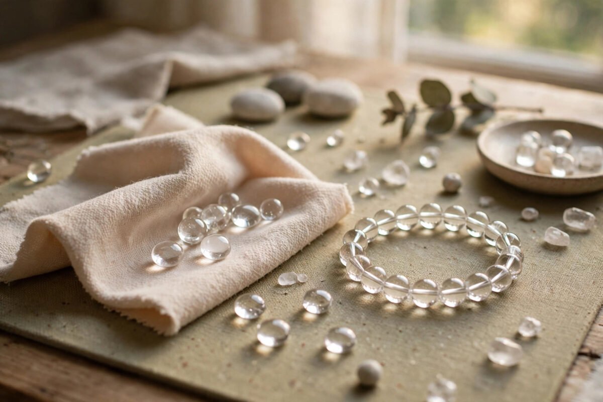 Crystal beads being buffed to a shine with a soft microfibre cloth beside a polished bracelet on a work mat