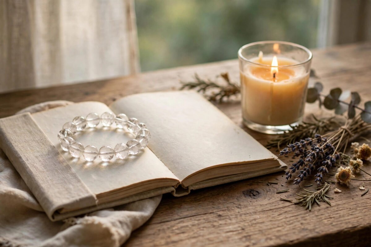 Clear quartz crystal bracelet resting on a journal beside a candle and dried herbs