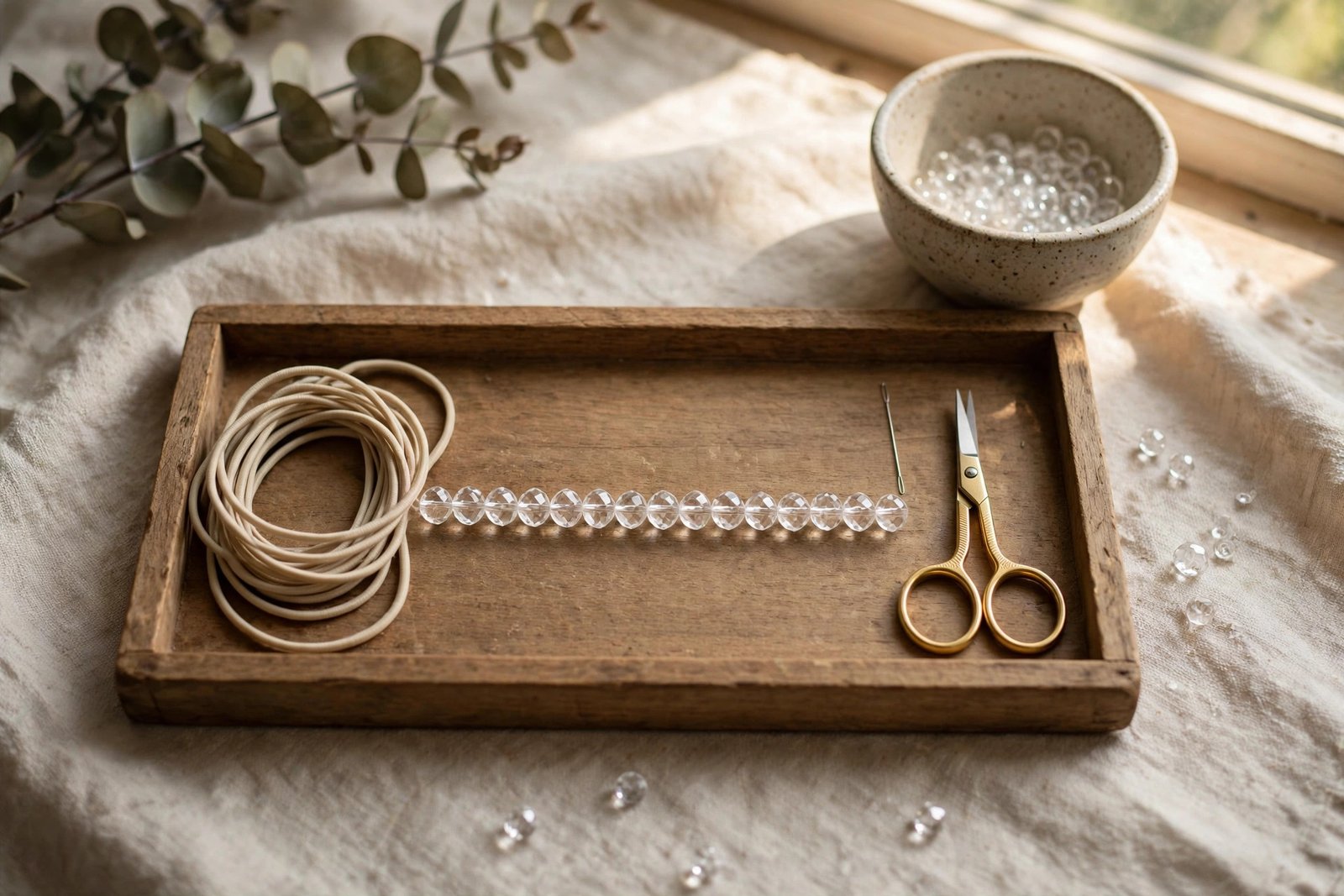 Crystal beads, elastic cord, scissors and beading needle laid out for restringing a bracelet