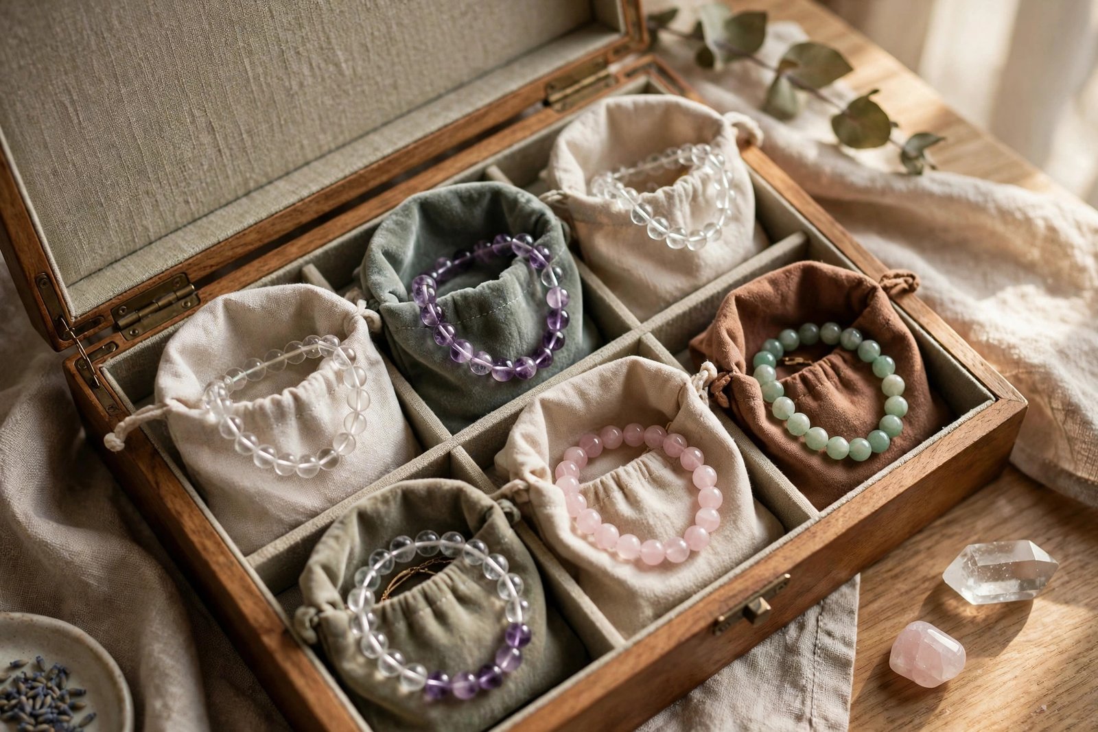 Crystal bracelets stored separately in soft pouches and a lined jewellery box compartments
