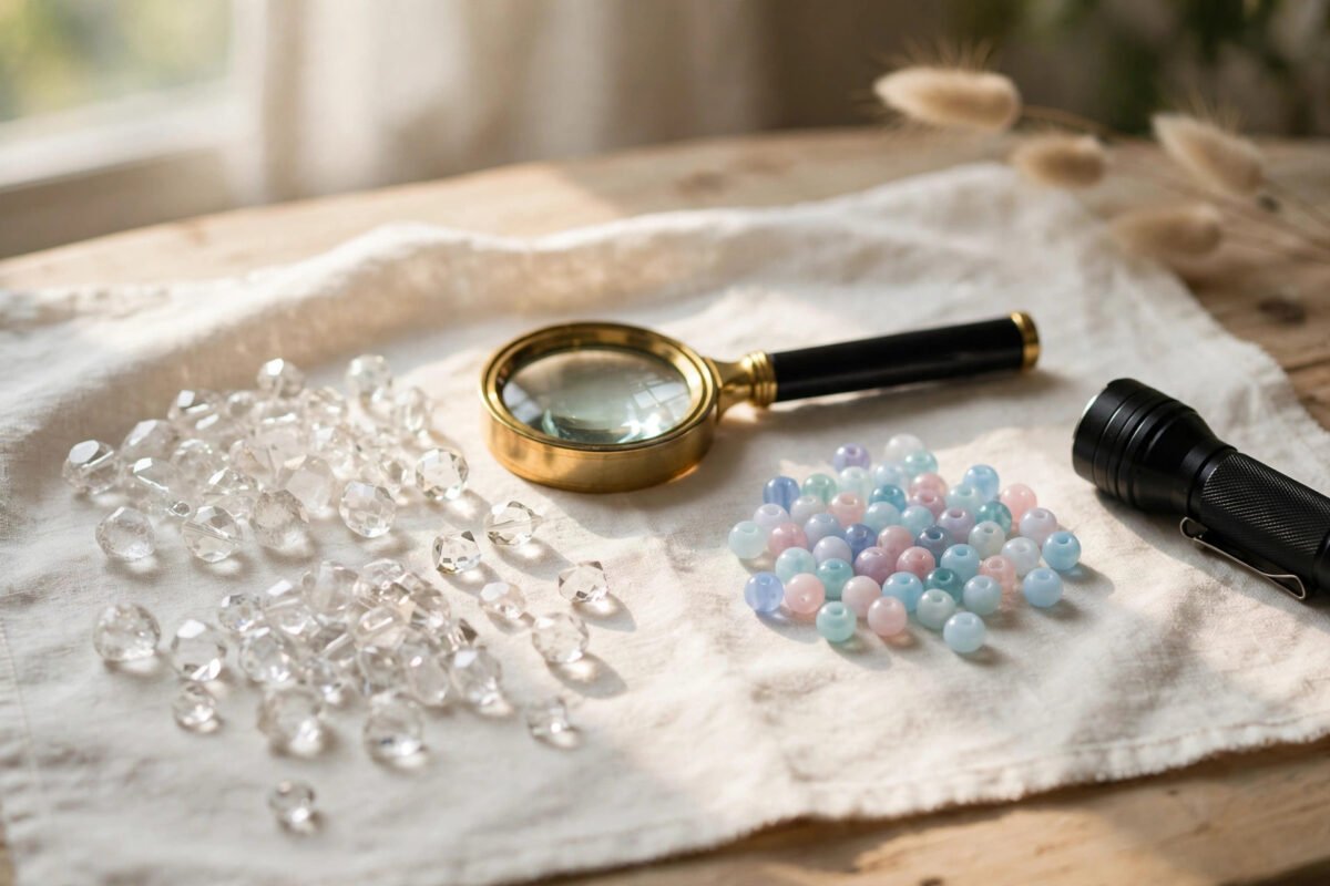 Genuine crystal beads beside a magnifying loupe and glass imitation beads on a white inspection cloth