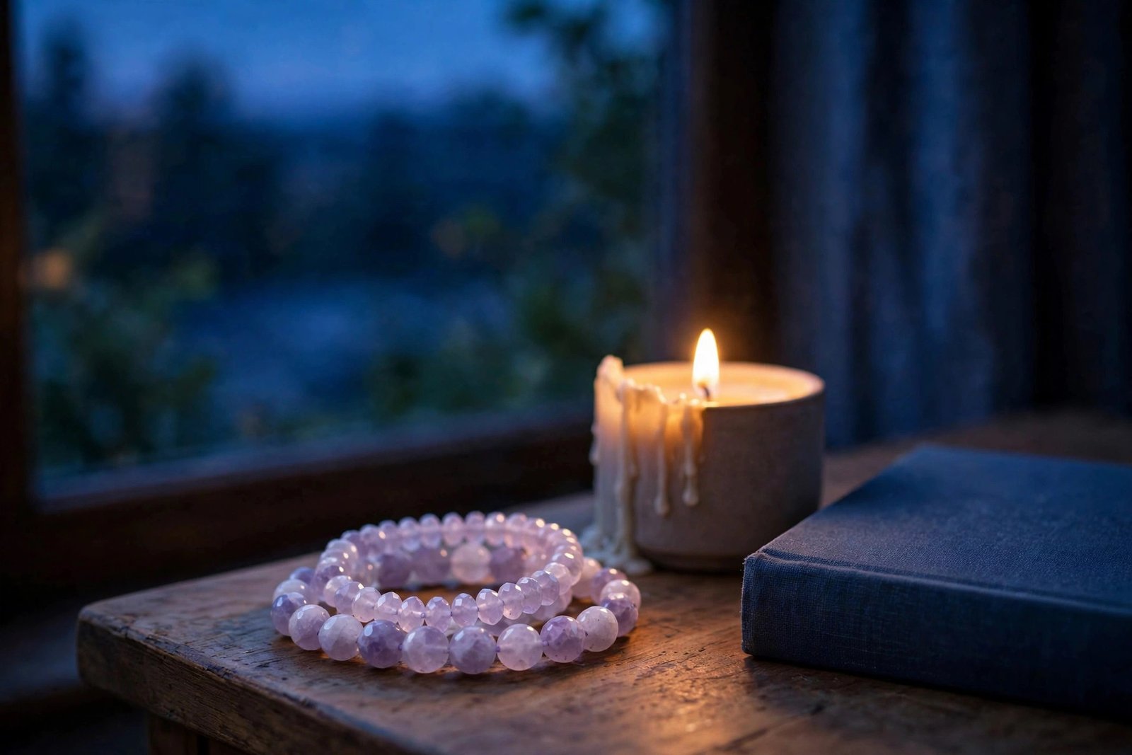 Lavender amethyst bracelet on a nightstand with candle for restful sleep