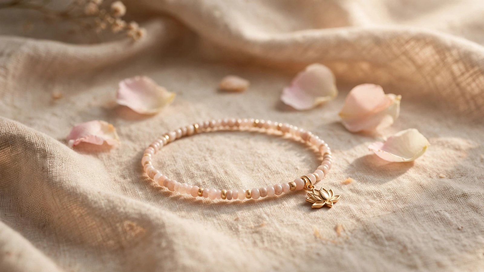 Lotus purity symbol meaning shown by a lotus charm crystal bracelet in warm light