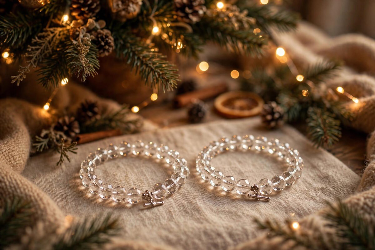 Two matching crystal bracelets for couples under a Christmas tree