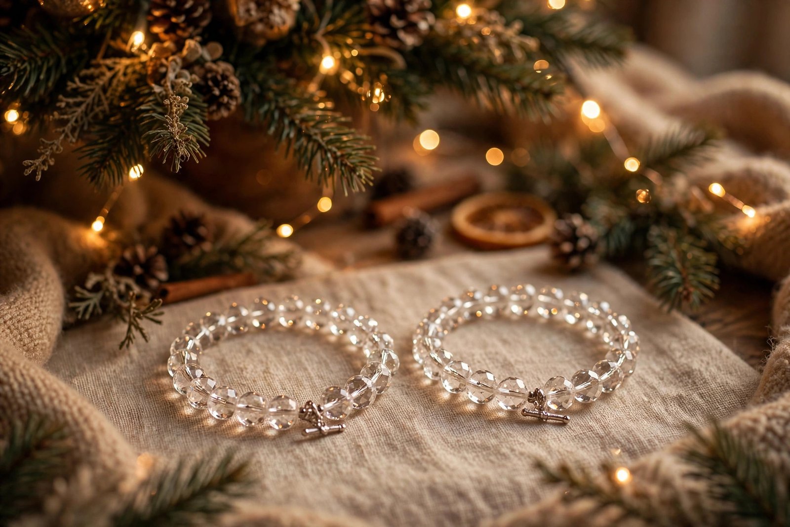 Two matching crystal bracelets for couples under a Christmas tree