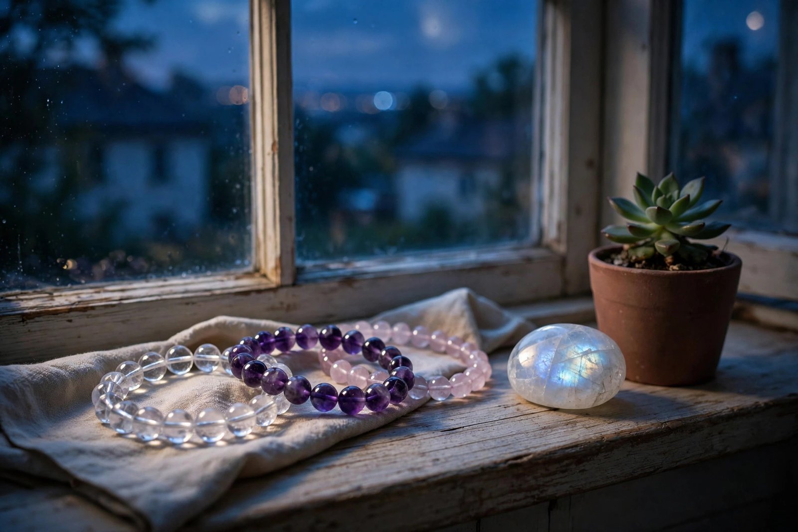 Crystal bracelets on a windowsill under moonlight beside a moonstone and small plant