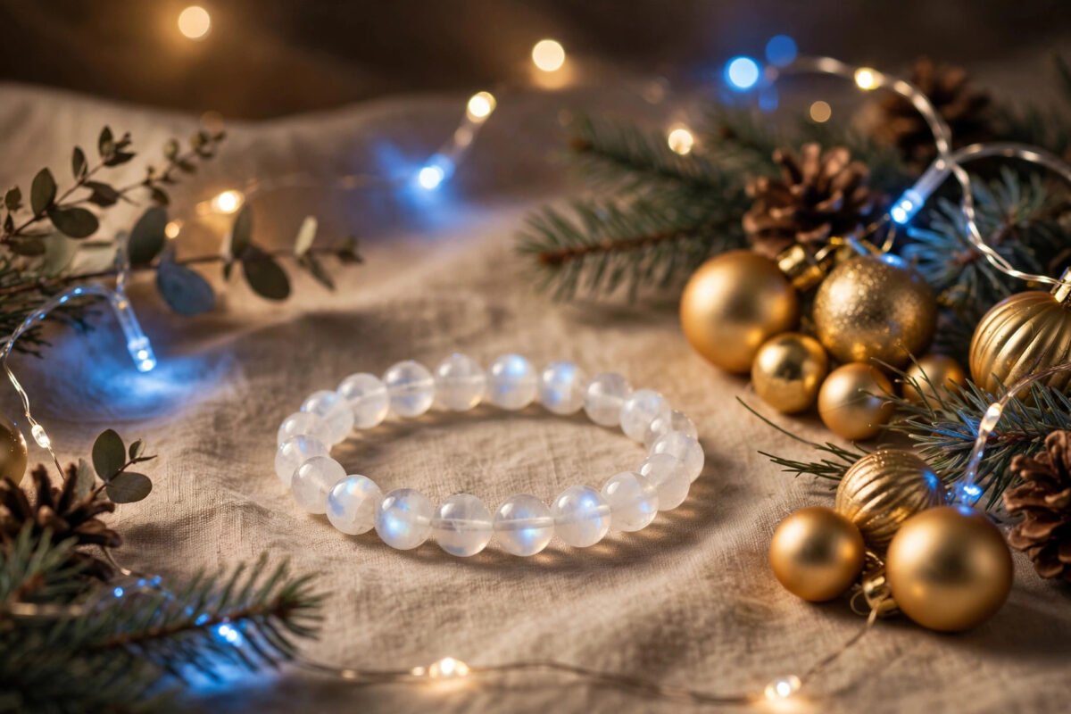 Moonstone bracelet with blue sheen beside Christmas ornaments