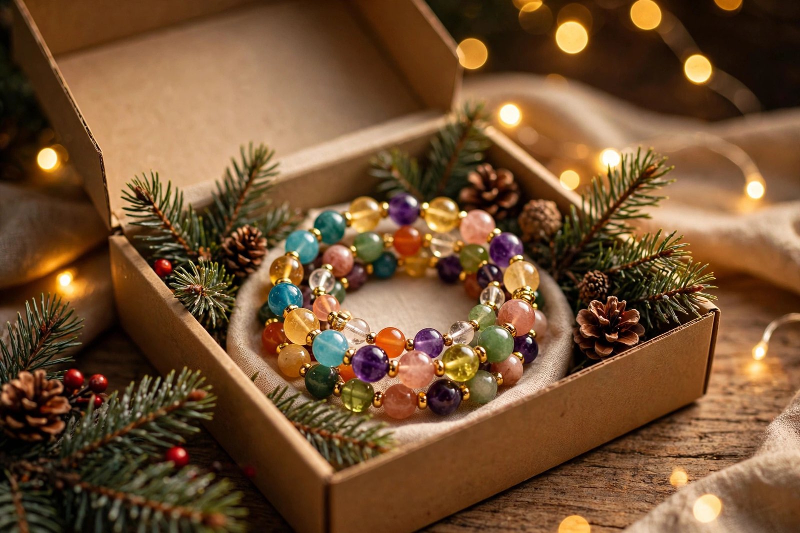Colorful multi-stone blessing bracelet in a Christmas gift box