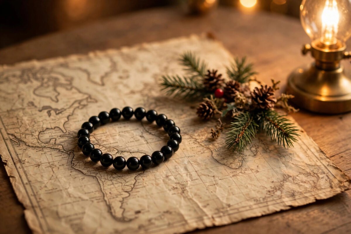 Black obsidian protection bracelet with travel map and Christmas decor