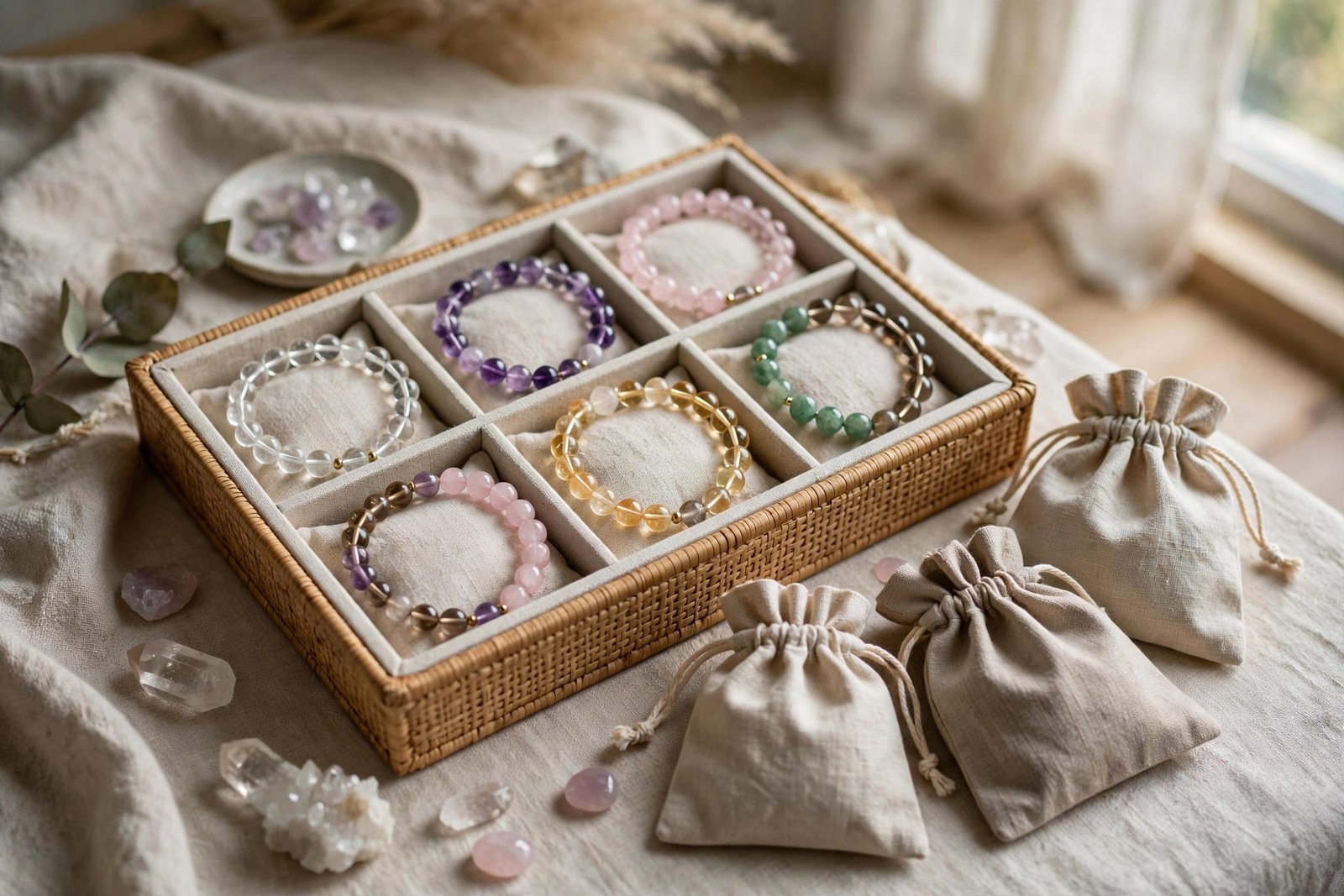 Crystal bracelets untangled and neatly organized in a lined tray with separate compartments