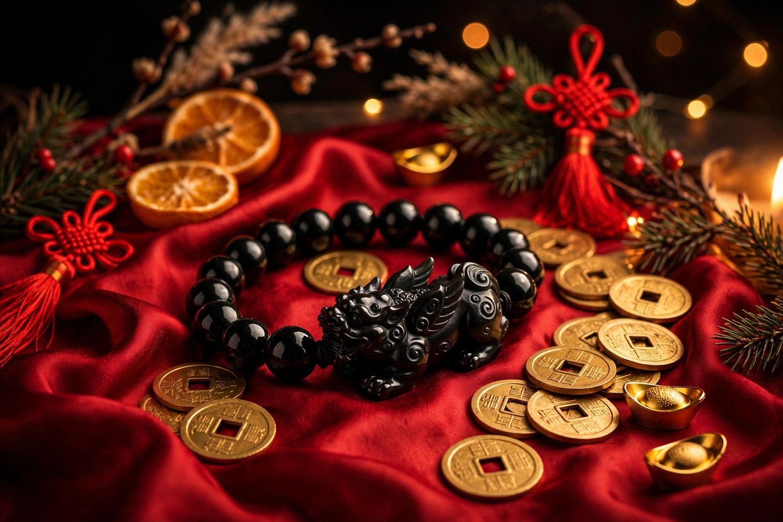 Black obsidian pixiu bracelet on red silk as a feng shui Christmas gift