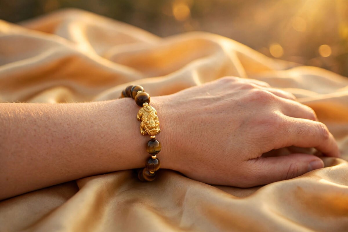 Pixiu charm bracelet worn on wrist with the pixiu head facing inward, feng shui wealth jewelry