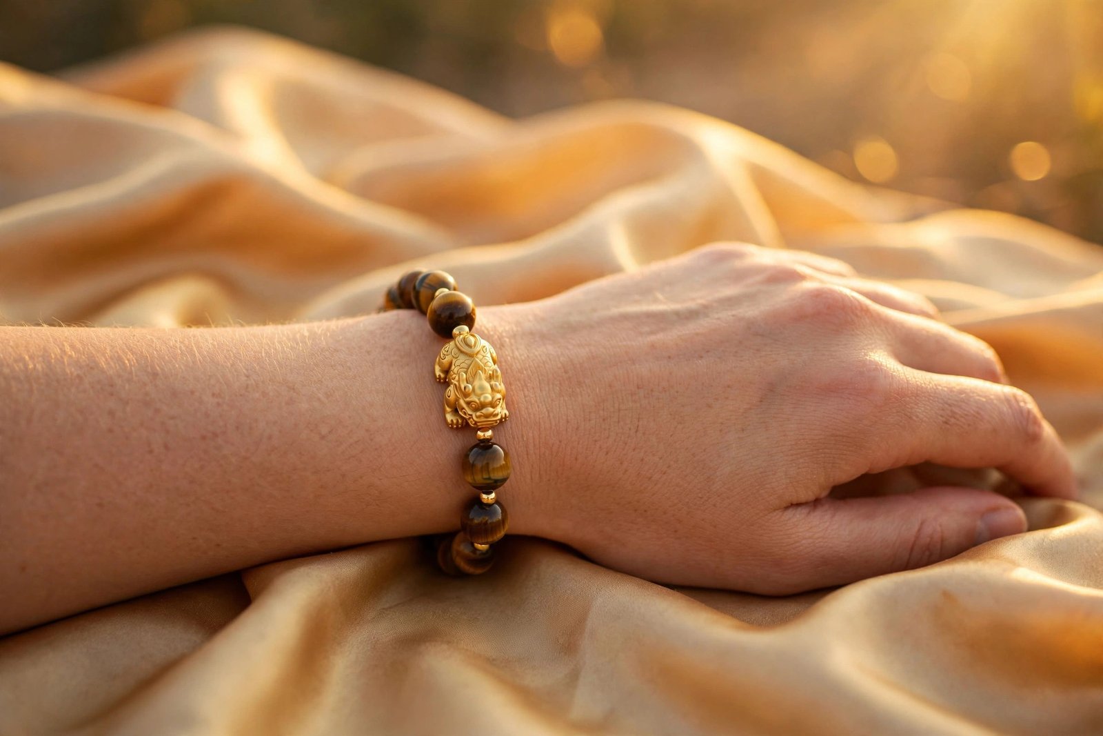 Pixiu charm bracelet worn on wrist with the pixiu head facing inward, feng shui wealth jewelry