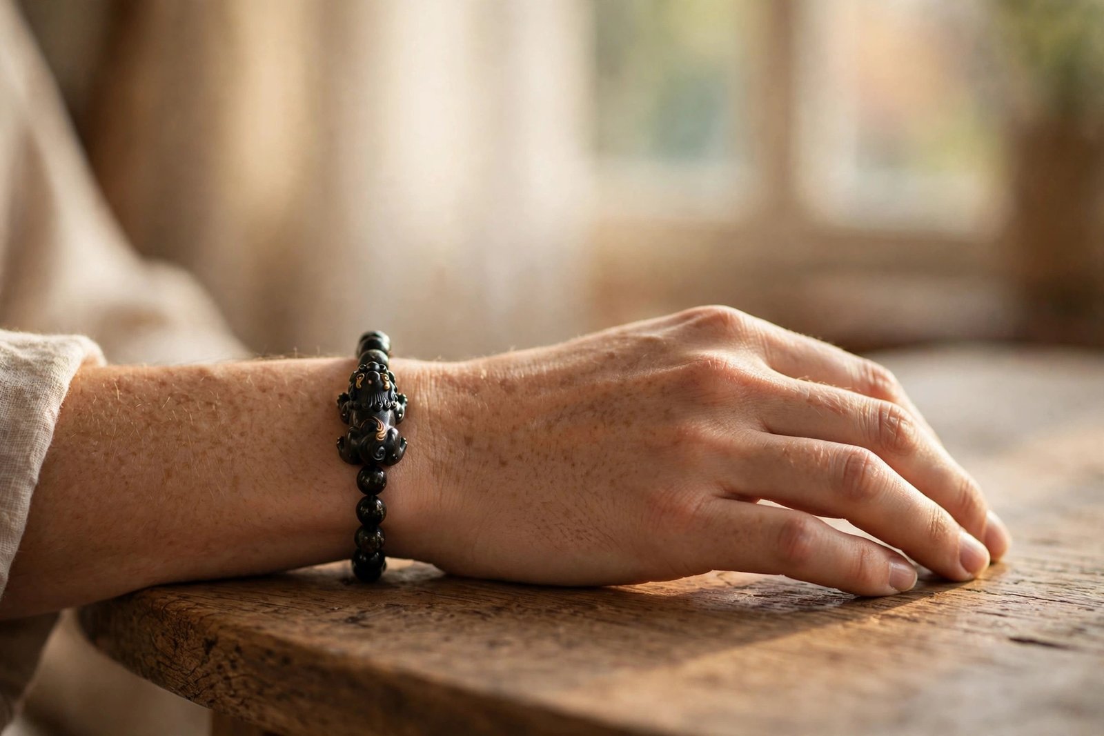 Close-up of pixiu bracelet worn on left wrist, feng shui left-hand receiving rule