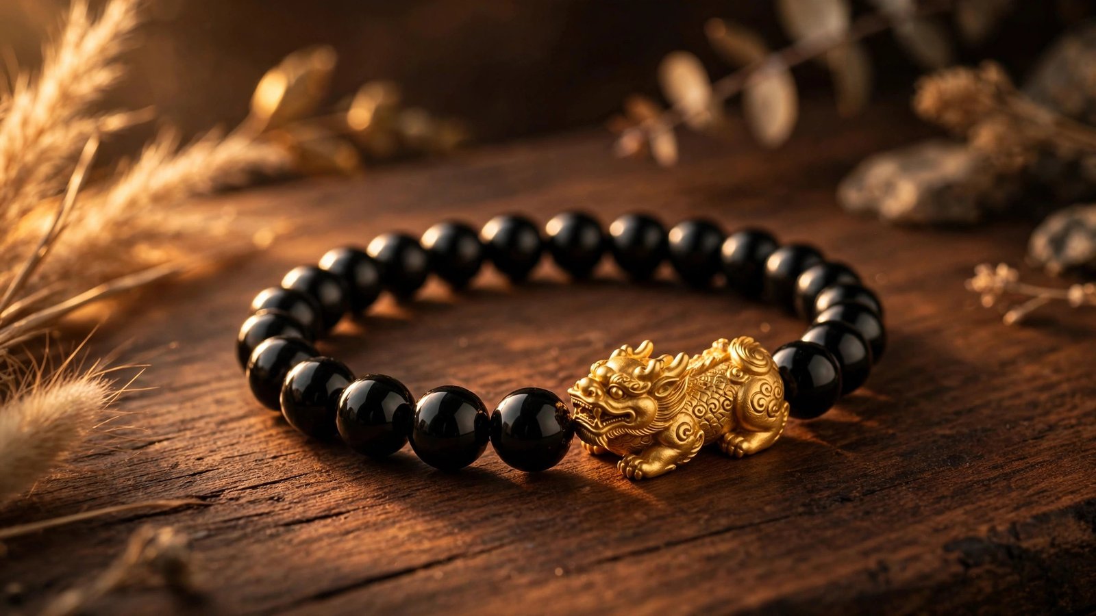 Pixiu feng shui wealth beast meaning shown by a pixiu charm bracelet in warm light