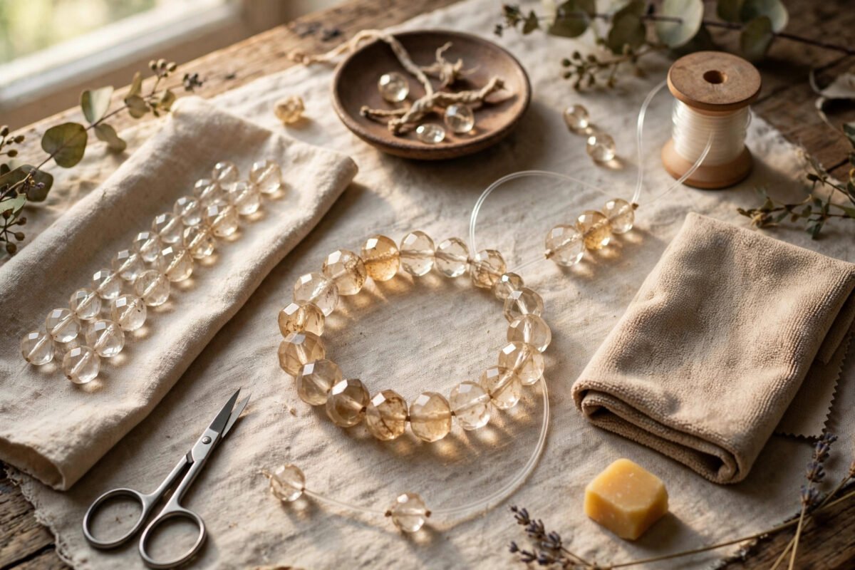 Old crystal bracelet being restrung with fresh elastic cord, beads laid out in order