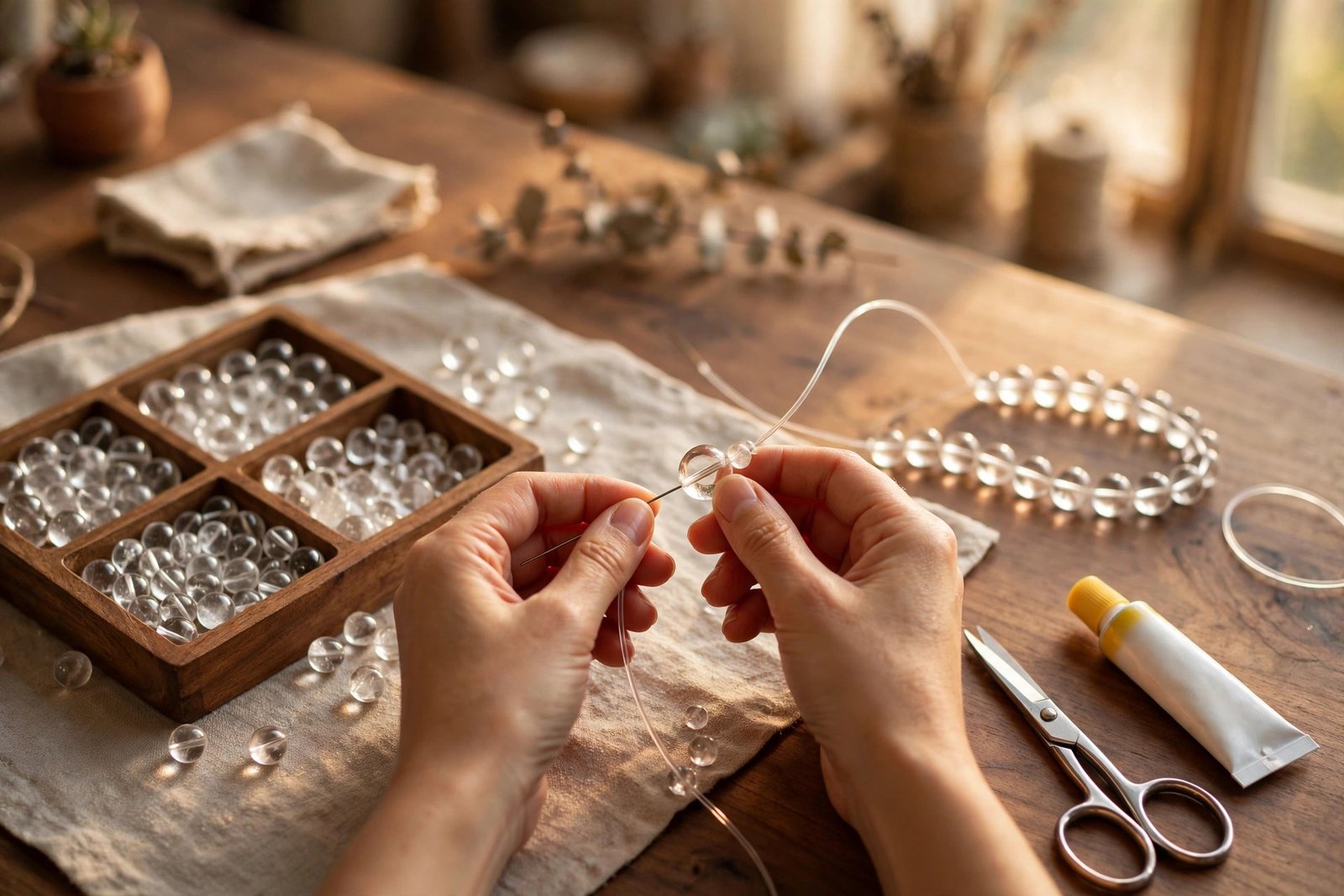 Hands restringing crystal beads onto elastic cord with tools