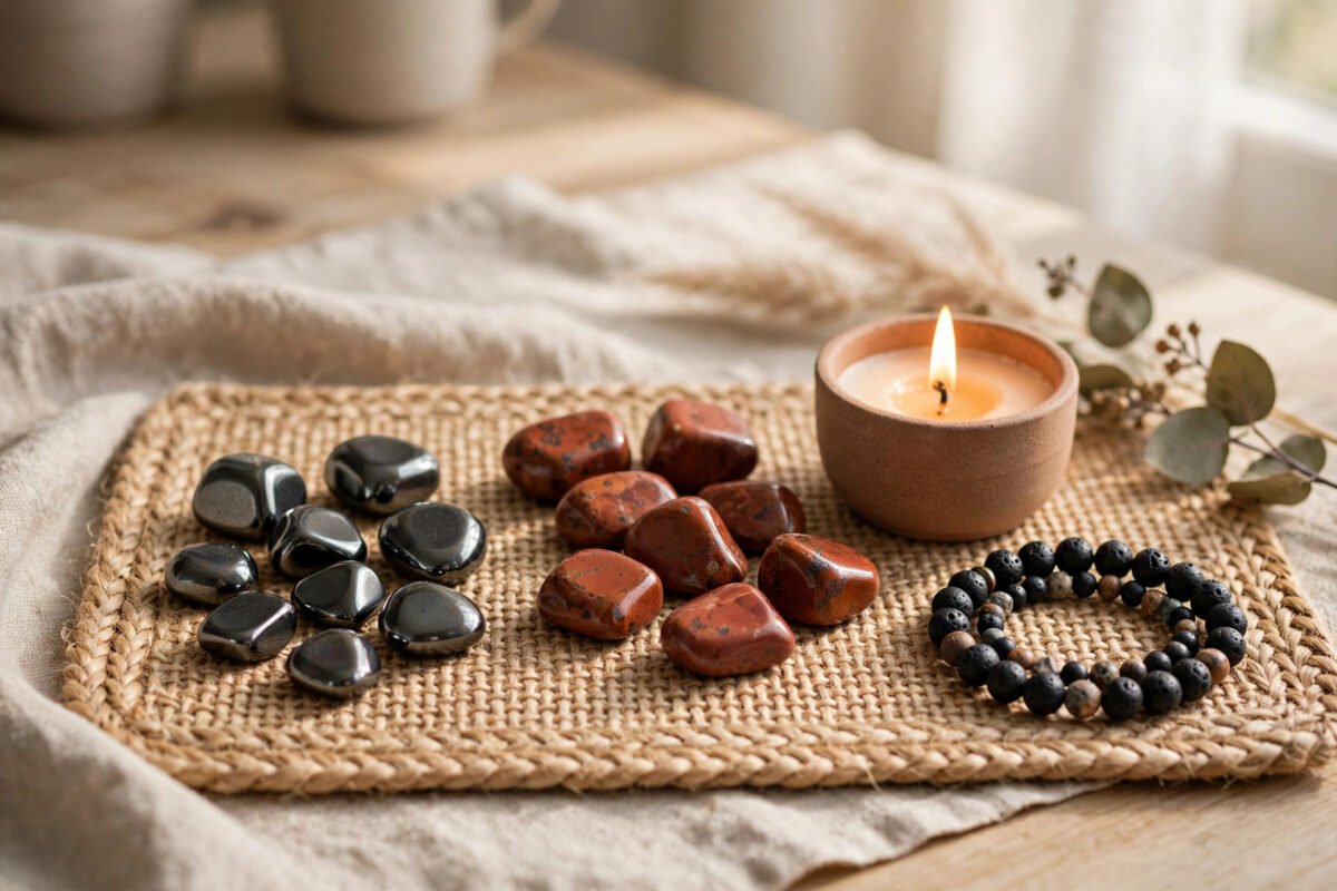Hematite and red jasper stones arranged on a woven mat beside a lit candle and a grounding crystal bracelet