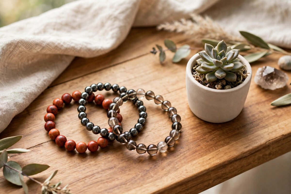 Red jasper, hematite and smoky quartz crystal bracelets resting on warm wood beside a small potted plant in soft natural light