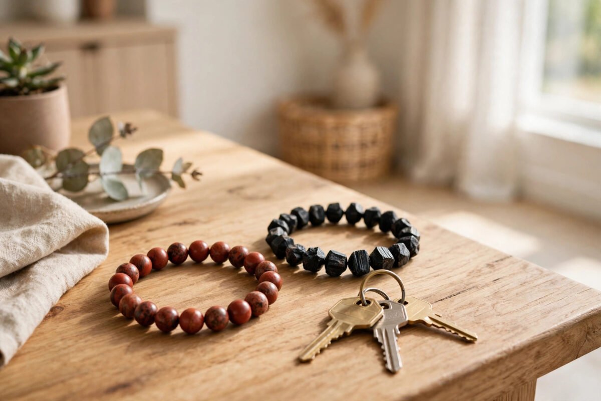 Red jasper and black tourmaline crystal bracelets near house keys on a wooden table in a bright new home