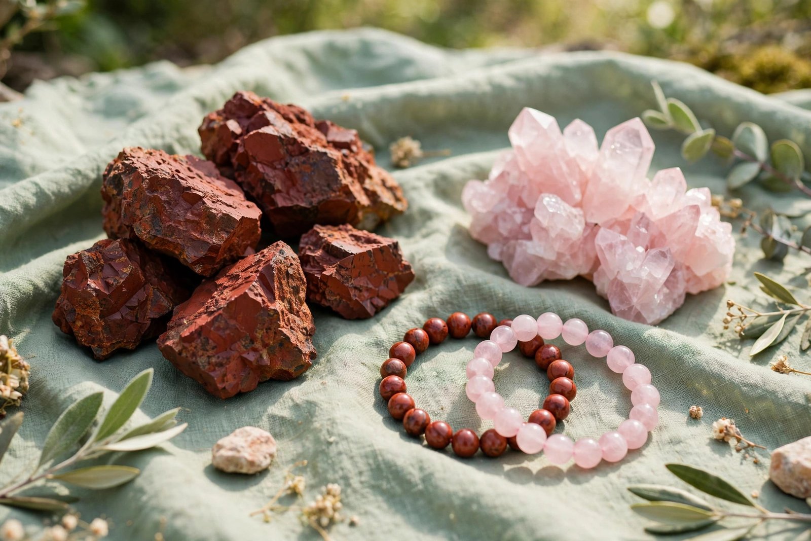 Red jasper and rose quartz crystals and bracelets paired on soft green fabric in daylight