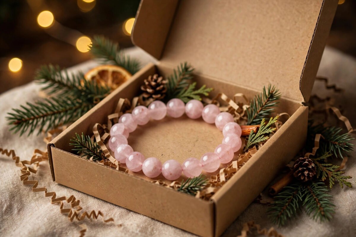 Rose quartz crystal bracelet in a Christmas gift box with pine branches