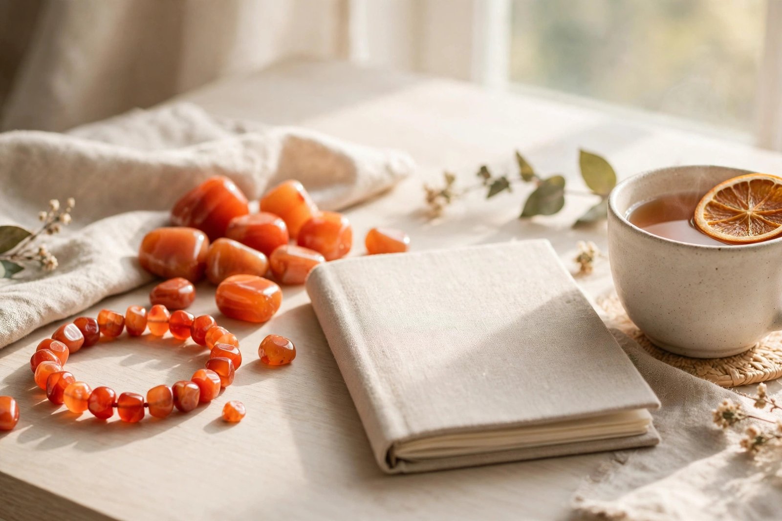 Carnelian crystal bracelet and tumbled stones beside a journal and cup of tea on a bright desk