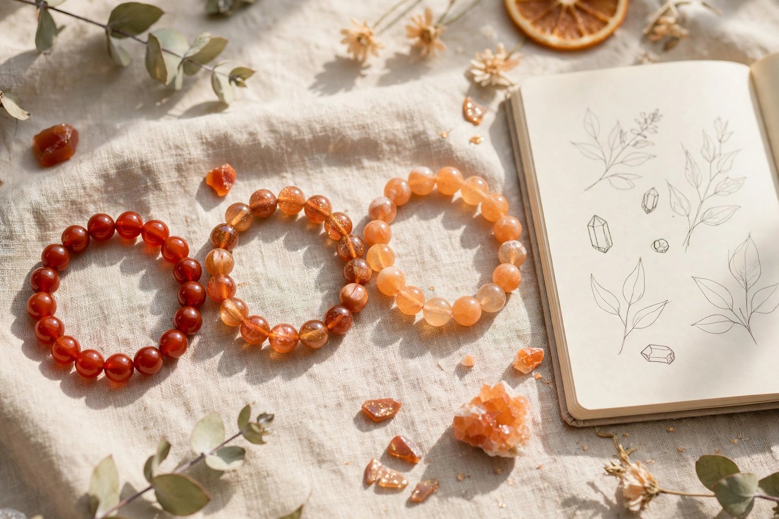 Carnelian, sunstone and orange calcite crystal bracelets arranged on linen beside a sketchbook in bright daylight