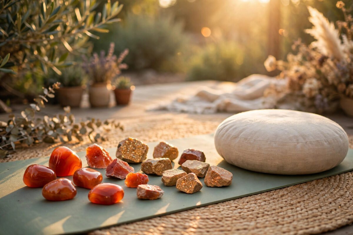 Carnelian and sunstone crystals on a yoga mat beside a meditation cushion in soft golden light