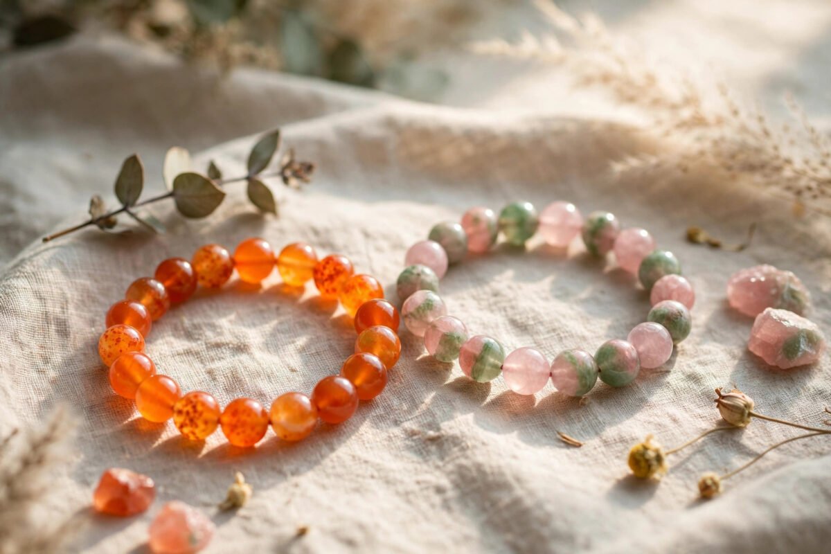Orange carnelian and green rose quartz crystal bracelets resting together on linen in soft morning light