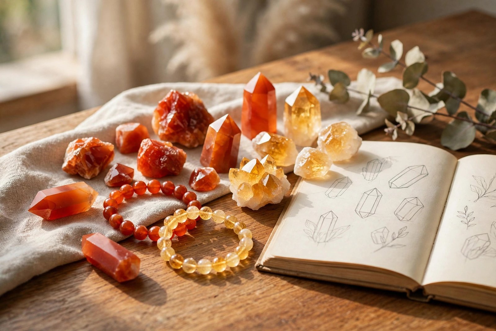 Carnelian and citrine crystals and bracelets together on a warm wooden desk beside a sketchbook