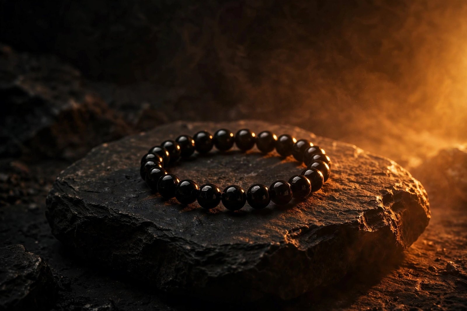 Black obsidian protection bracelet for Scorpio in warm amber side light on dark stone