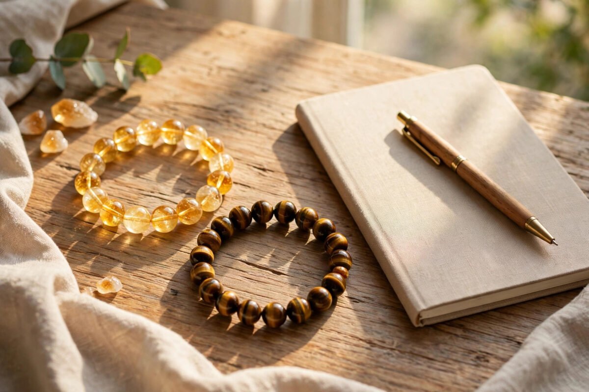 Citrine and tiger's eye crystal bracelets on a sunlit wooden desk beside a notebook and pen