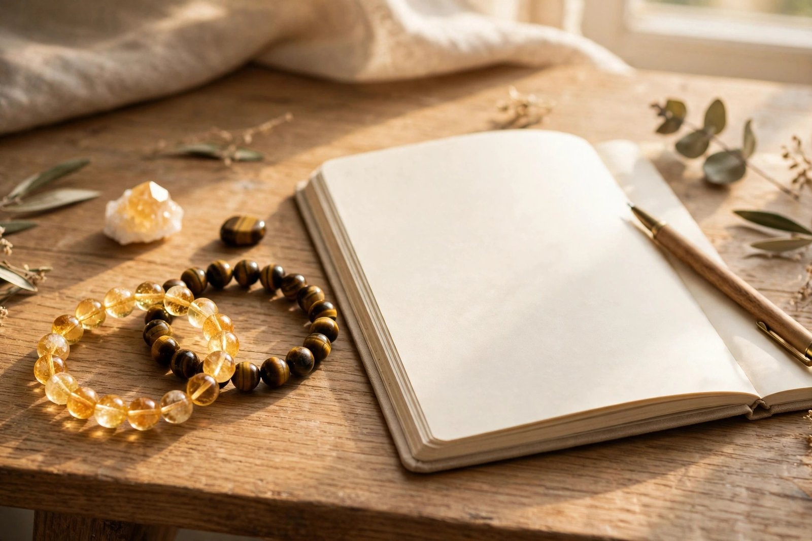 Citrine and tiger's eye crystal bracelets beside a notebook and pen in warm daylight